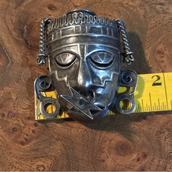 Los Castillo Articulated Sterling Silver Aztec Mask Brooch Mid Century Taxco - Picture 3 of 12